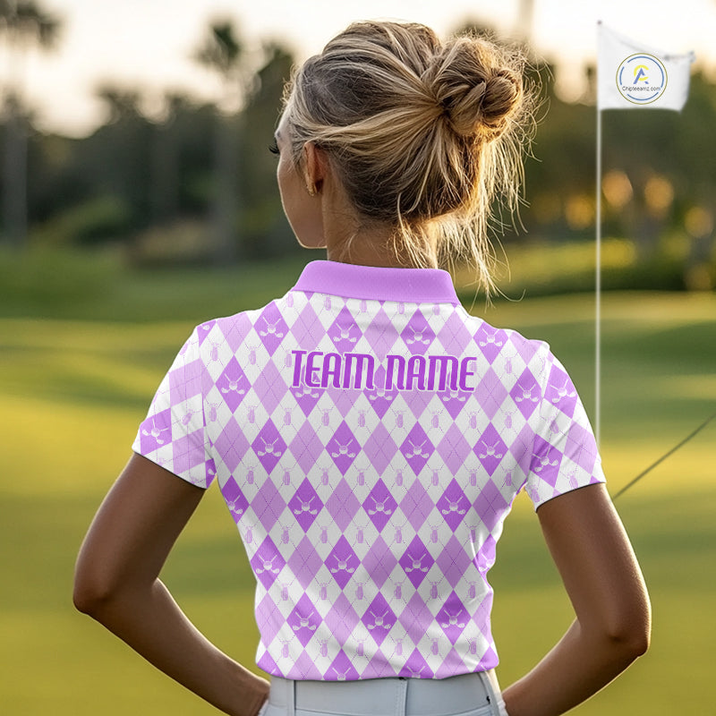 Golf Polo Shirt Custom White And Purple Argyle Plaid Pattern Golf Team Attire Golf Gifts