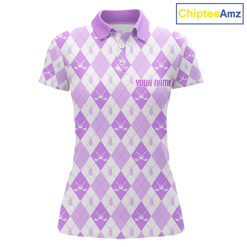 Golf Polo Shirt Custom White And Purple Argyle Plaid Pattern Golf Team Attire Golf Gifts