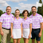 Golf Polo Shirt Custom White And Purple Argyle Plaid Pattern Golf Team Attire Golf Gifts