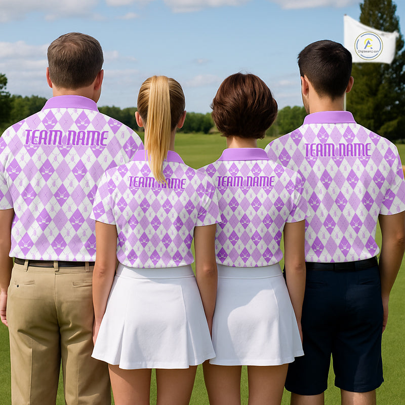 Golf Polo Shirt Custom White And Purple Argyle Plaid Pattern Golf Team Attire Golf Gifts