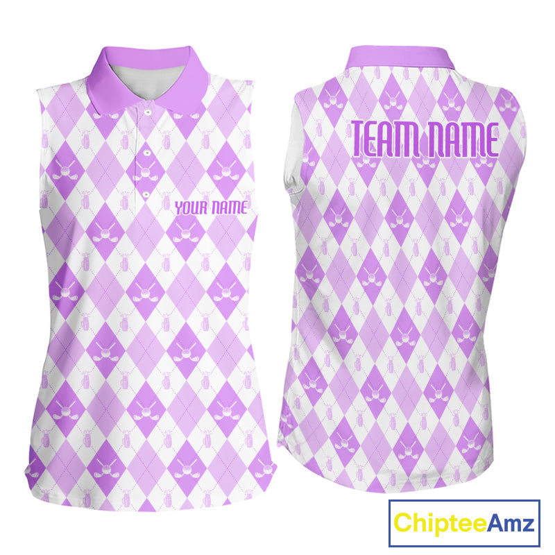 Golf Sleeveless Polo Shirt Custom White And Purple Argyle Plaid Pattern Golf Team Attire Golf Gifts