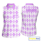 Golf Sleeveless Polo Shirt Custom White And Purple Argyle Plaid Pattern Golf Team Attire Golf Gifts