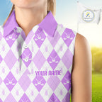 Golf Sleeveless Polo Shirt Custom White And Purple Argyle Plaid Pattern Golf Team Attire Golf Gifts