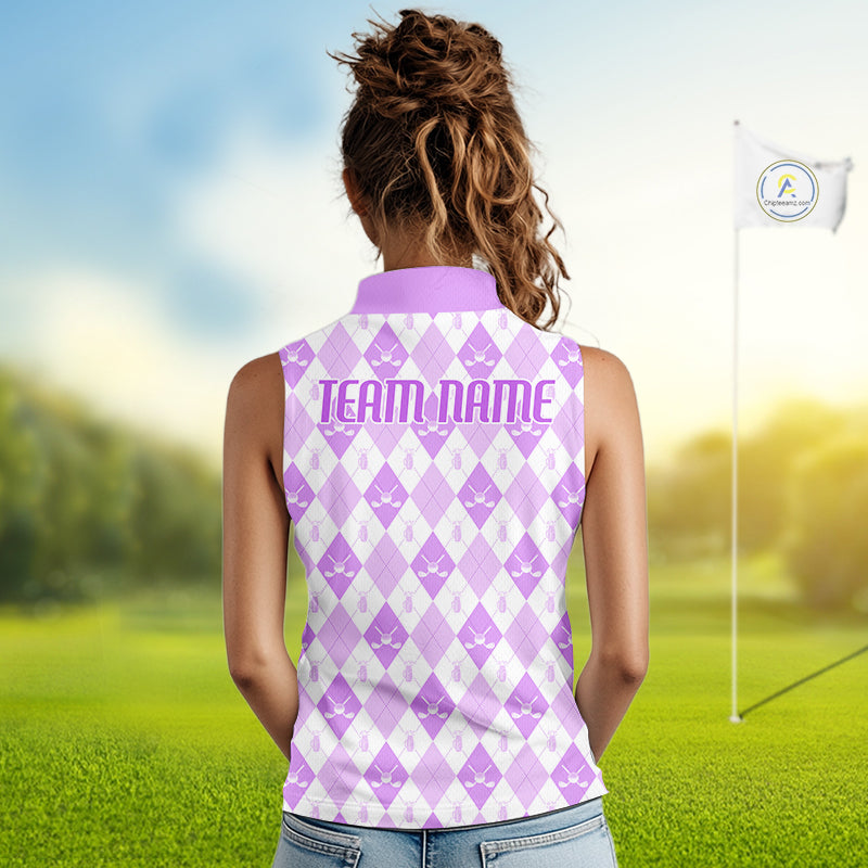 Golf Sleeveless Polo Shirt Custom White And Purple Argyle Plaid Pattern Golf Team Attire Golf Gifts