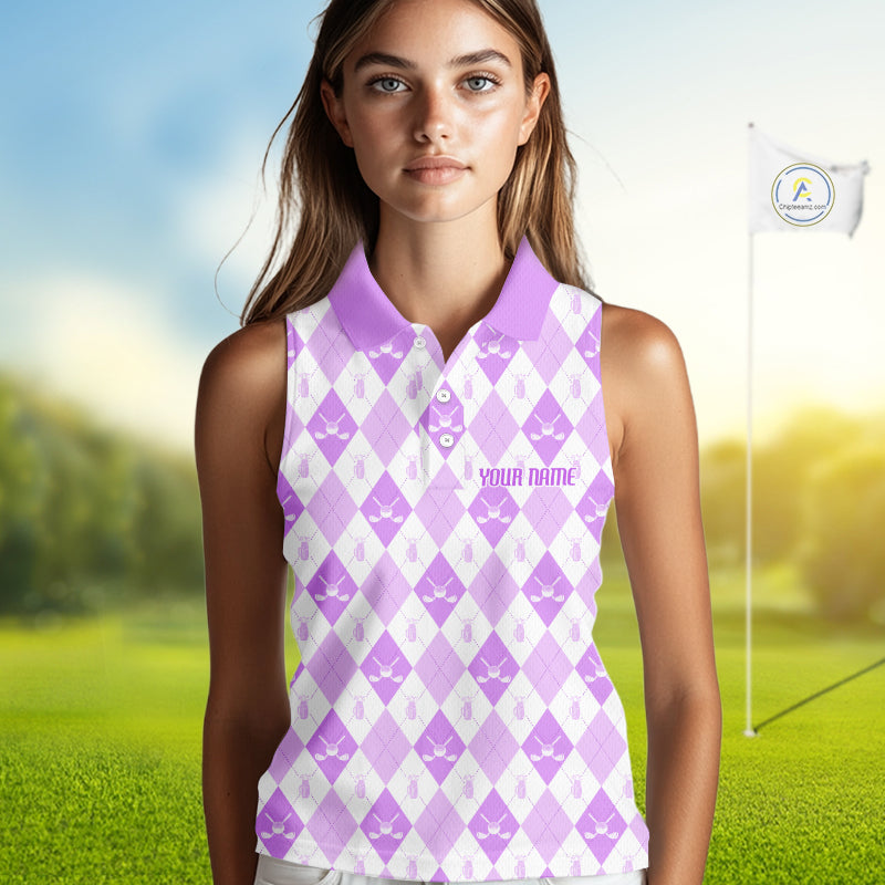 Golf Sleeveless Polo Shirt Custom White And Purple Argyle Plaid Pattern Golf Team Attire Golf Gifts