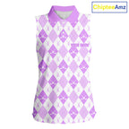 Golf Sleeveless Polo Shirt Custom White And Purple Argyle Plaid Pattern Golf Team Attire Golf Gifts