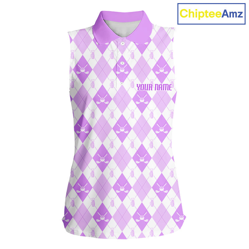 Golf Sleeveless Polo Shirt Custom White And Purple Argyle Plaid Pattern Golf Team Attire Golf Gifts