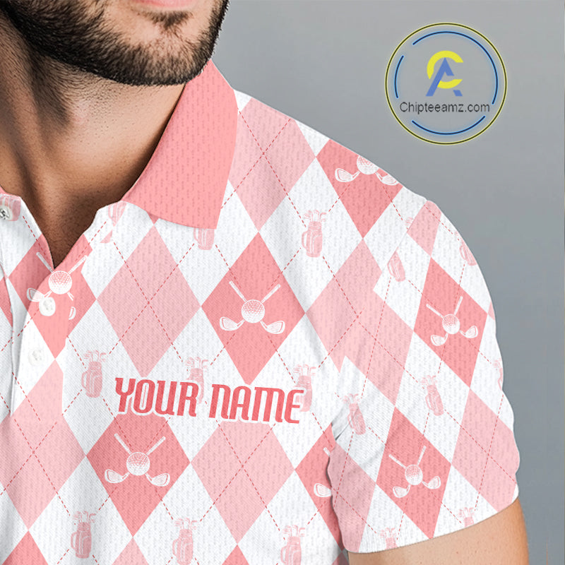 Golf Polo Shirt Custom White And Orange Argyle Plaid Pattern Golf Team Attire Golf Gifts