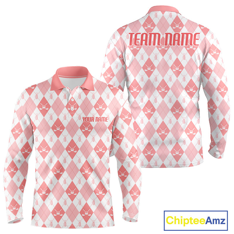 Golf Polo Shirt Custom White And Orange Argyle Plaid Pattern Golf Team Attire Golf Gifts