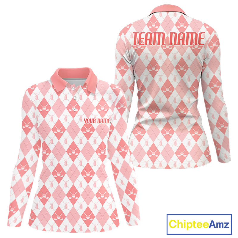 Golf Polo Shirt Custom White And Orange Argyle Plaid Pattern Golf Team Attire Golf Gifts
