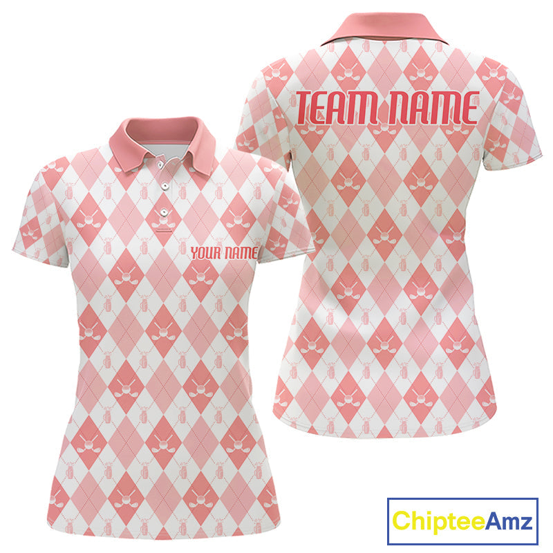 Golf Polo Shirt Custom White And Orange Argyle Plaid Pattern Golf Team Attire Golf Gifts