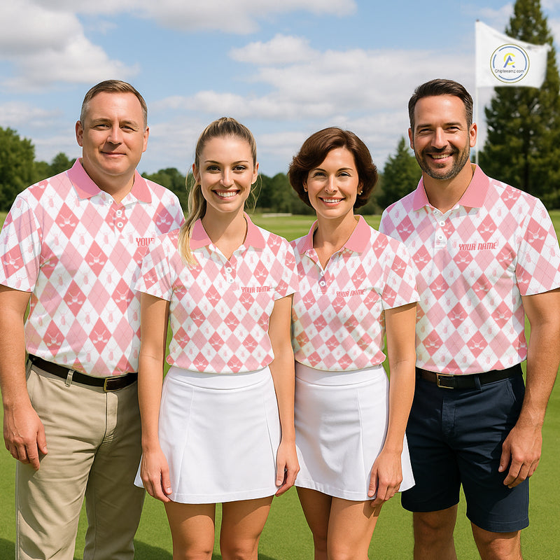 Golf Polo Shirt Custom White And Orange Argyle Plaid Pattern Golf Team Attire Golf Gifts