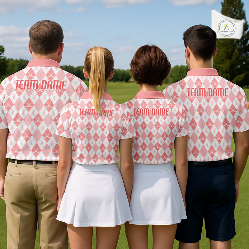 Golf Polo Shirt Custom White And Orange Argyle Plaid Pattern Golf Team Attire Golf Gifts