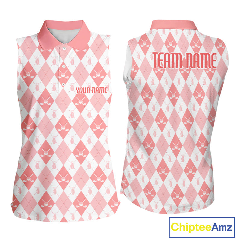 Golf Sleeveless Polo Shirt Custom White And Orange Argyle Plaid Pattern Golf Team Attire Golf Gifts