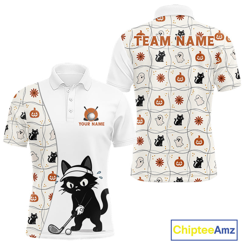 Funny Cat Golfer Halloween Golf Polo Shirt Custom Halloween Golf Team Attire