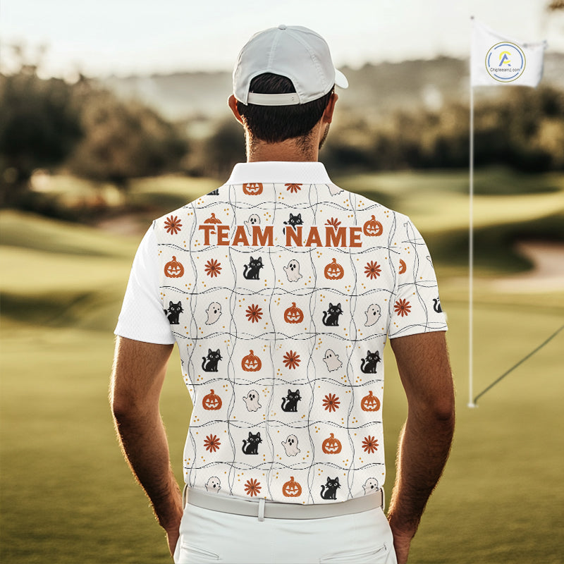 Funny Cat Golfer Halloween Golf Polo Shirt Custom Halloween Golf Team Attire