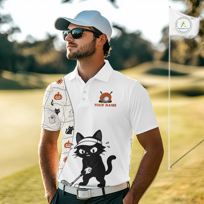 Funny Cat Golfer Halloween Golf Polo Shirt Custom Halloween Golf Team Attire