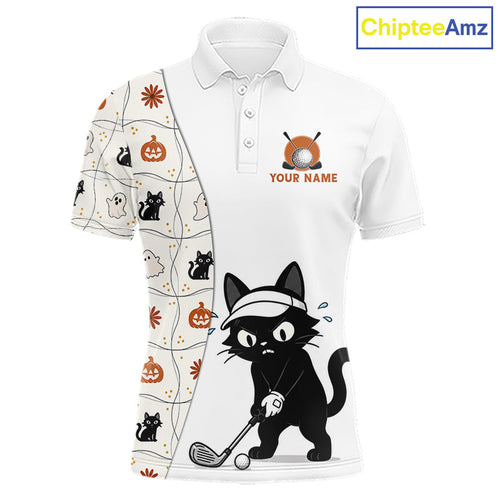 Funny Cat Golfer Halloween Golf Polo Shirt Custom Halloween Golf Team Attire