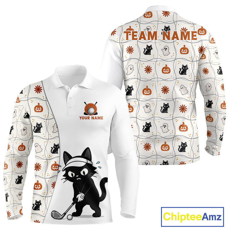 Funny Cat Golfer Halloween Golf Polo Shirt Custom Halloween Golf Team Attire