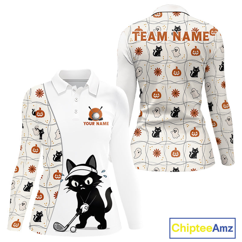 Funny Cat Golfer Halloween Golf Polo Shirt Custom Halloween Golf Team Attire