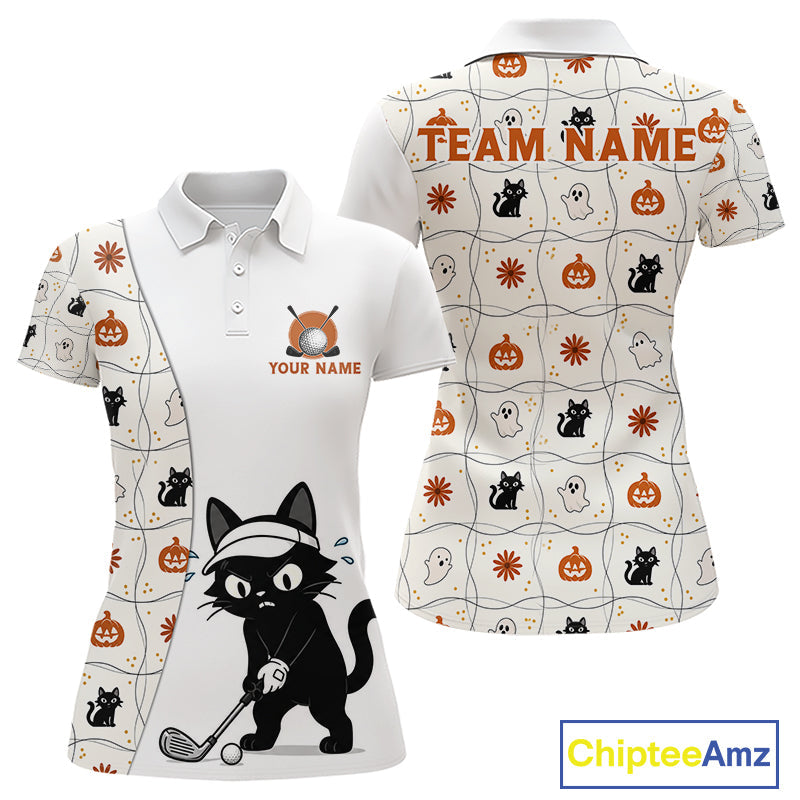 Funny Cat Golfer Halloween Golf Polo Shirt Custom Halloween Golf Team Attire