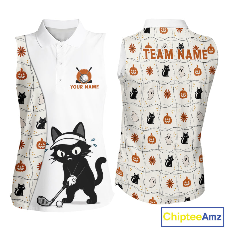 Funny Cat Golfer Halloween Golf Sleeveless Polo Shirt Custom Halloween Golf Team Attire