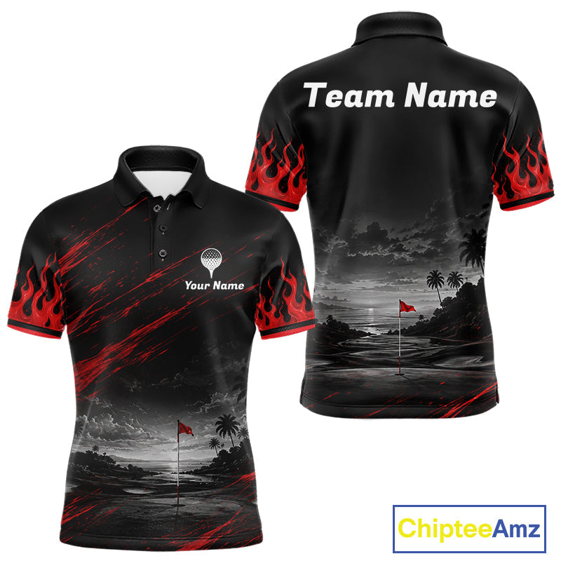 Personalized Golf Polo Shirts, Custom Name Red Fire Flame Golf Course Shirt Golf Jersey