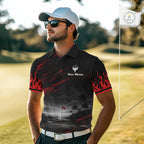 Personalized Golf Polo Shirts, Custom Name Red Fire Flame Golf Course Shirt Golf Jersey