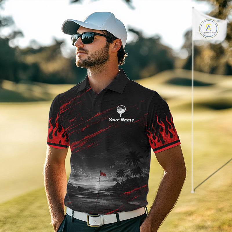 Personalized Golf Polo Shirts, Custom Name Red Fire Flame Golf Course Shirt Golf Jersey
