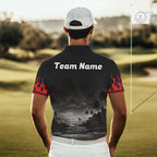 Personalized Golf Polo Shirts, Custom Name Red Fire Flame Golf Course Shirt Golf Jersey