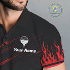 Personalized Golf Polo Shirts, Custom Name Red Fire Flame Golf Course Shirt Golf Jersey