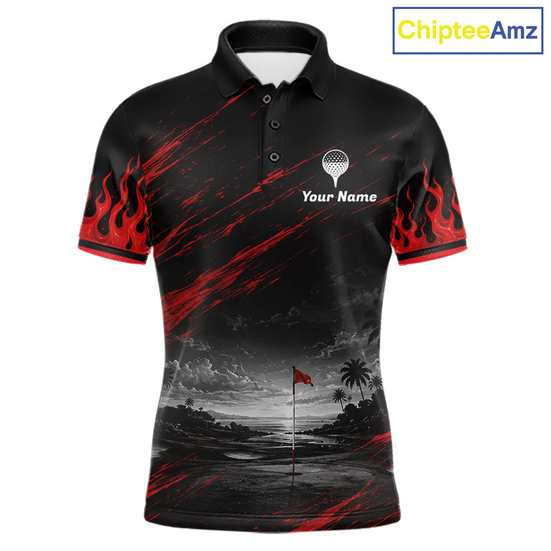 Personalized Golf Polo Shirts, Custom Name Red Fire Flame Golf Course Shirt Golf Jersey