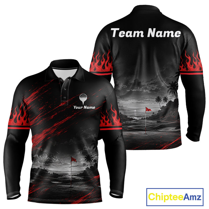 Personalized Golf Polo Shirts, Custom Name Red Fire Flame Golf Course Shirt Golf Jersey