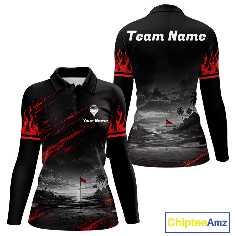 Personalized Golf Polo Shirts, Custom Name Red Fire Flame Golf Course Shirt Golf Jersey
