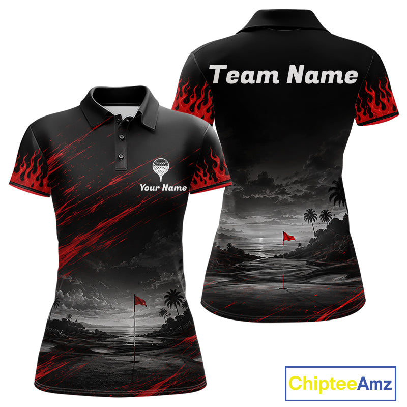 Personalized Golf Polo Shirts, Custom Name Red Fire Flame Golf Course Shirt Golf Jersey