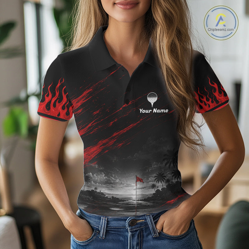 Personalized Golf Polo Shirts, Custom Name Red Fire Flame Golf Course Shirt Golf Jersey