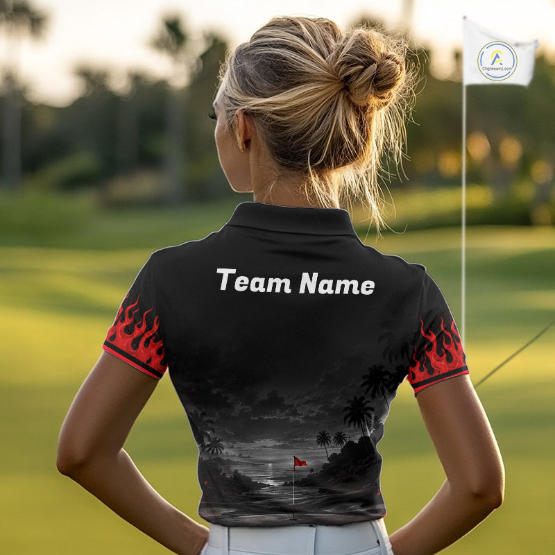 Personalized Golf Polo Shirts, Custom Name Red Fire Flame Golf Course Shirt Golf Jersey