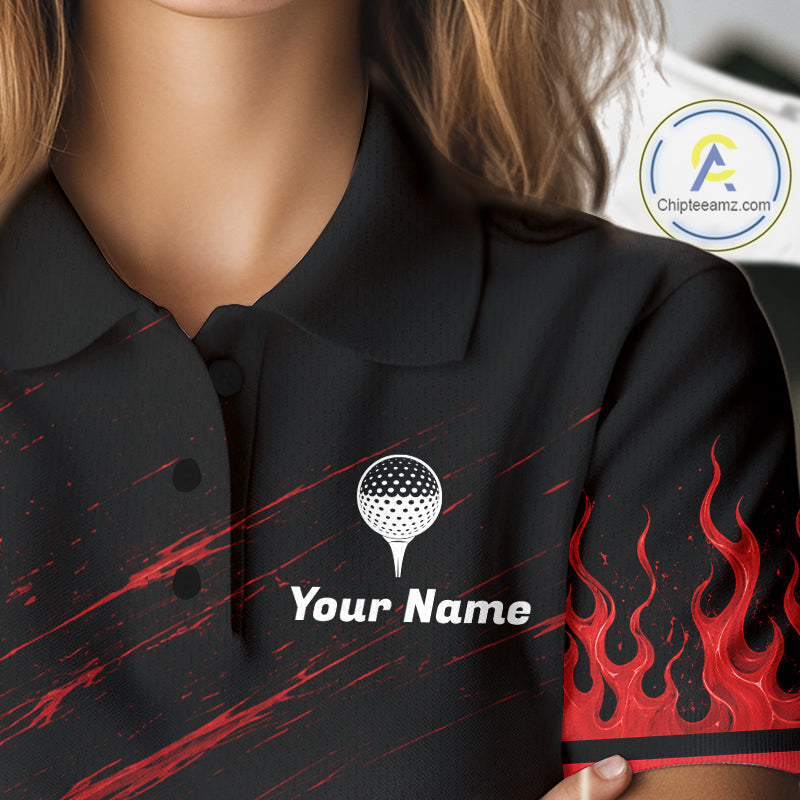 Personalized Golf Polo Shirts, Custom Name Red Fire Flame Golf Course Shirt Golf Jersey
