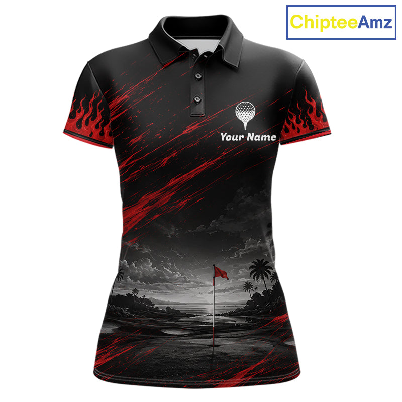 Personalized Golf Polo Shirts, Custom Name Red Fire Flame Golf Course Shirt Golf Jersey