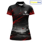 Personalized Golf Polo Shirts, Custom Name Red Fire Flame Golf Course Shirt Golf Jersey