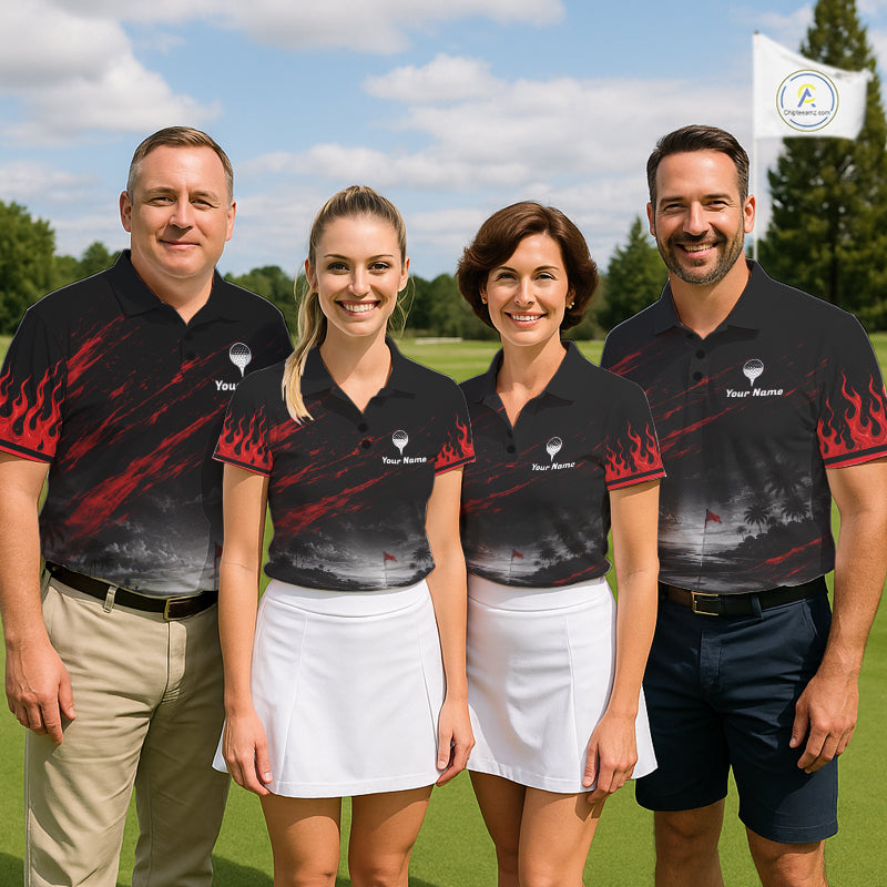 Personalized Golf Polo Shirts, Custom Name Red Fire Flame Golf Course Shirt Golf Jersey