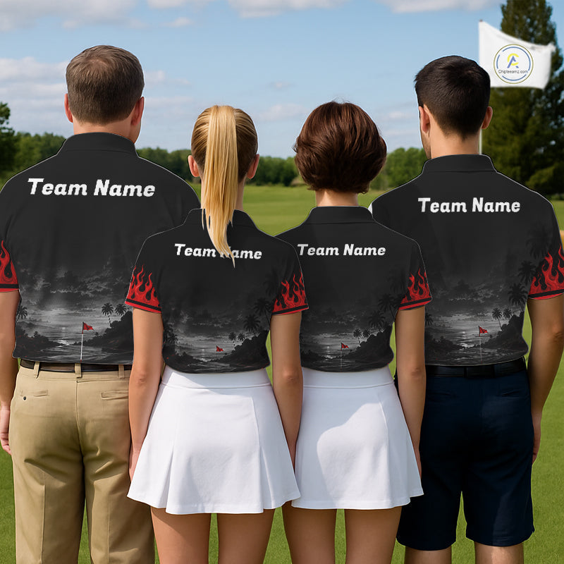 Personalized Golf Polo Shirts, Custom Name Red Fire Flame Golf Course Shirt Golf Jersey