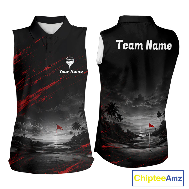 Personalized Golf Sleeveless Polo Shirts, Custom Name Red Fire Flame Golf Course Shirt Golf Jersey