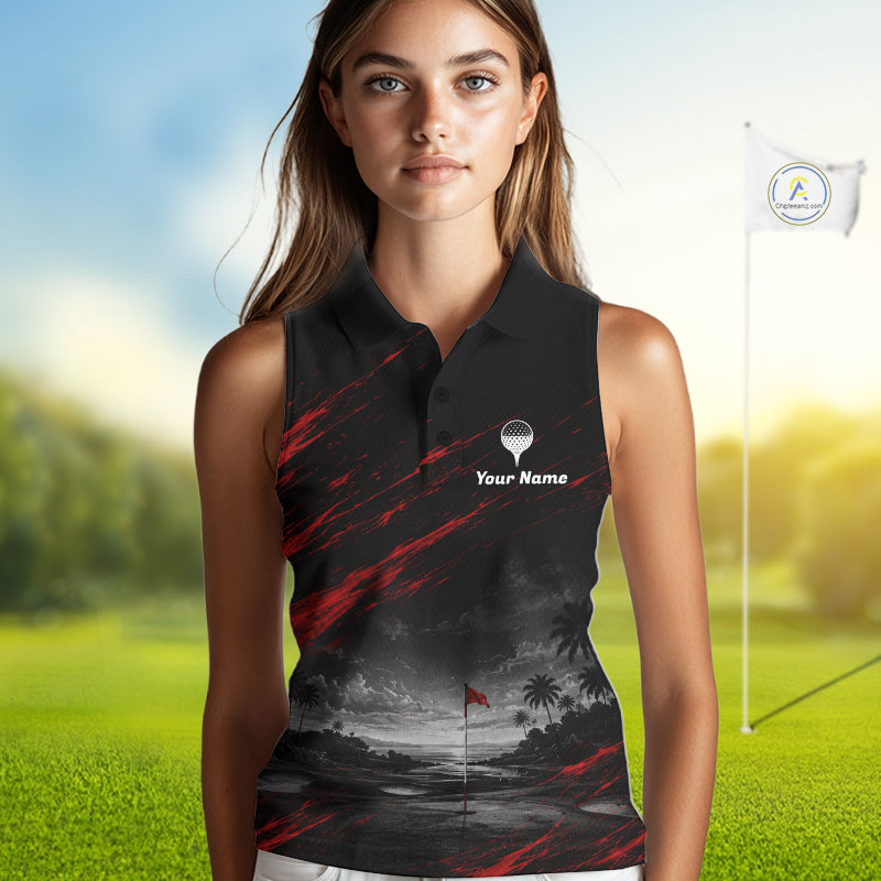 Personalized Golf Sleeveless Polo Shirts, Custom Name Red Fire Flame Golf Course Shirt Golf Jersey