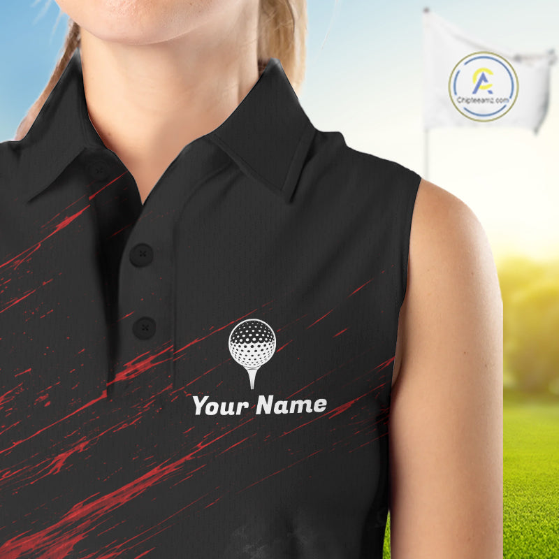 Personalized Golf Sleeveless Polo Shirts, Custom Name Red Fire Flame Golf Course Shirt Golf Jersey
