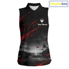 Personalized Golf Sleeveless Polo Shirts, Custom Name Red Fire Flame Golf Course Shirt Golf Jersey