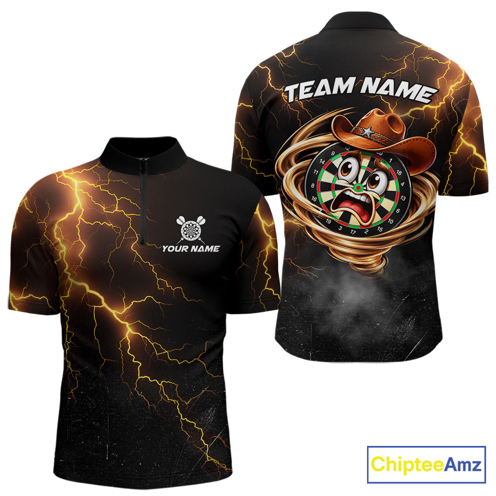 Funny Tornado Darts Polo 1/4-Zip Cowboy Darts Team Jersey Yellow Thunder Darts Tournament Shirt