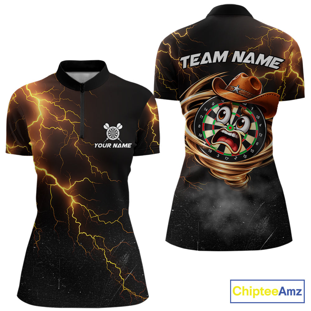 Funny Tornado Darts Polo 1/4-Zip Cowboy Darts Team Jersey Yellow Thunder Darts Tournament Shirt