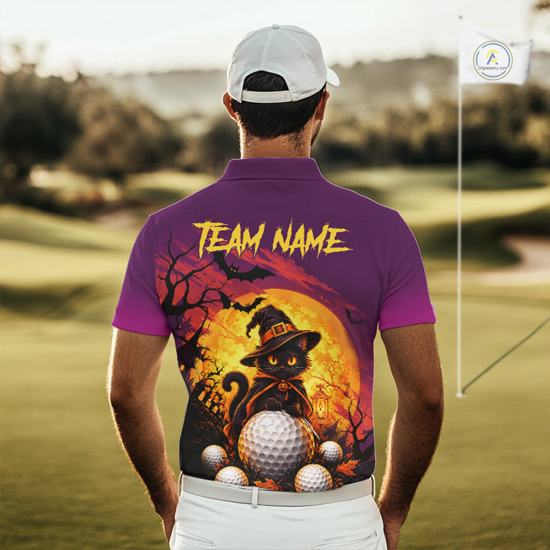 Halloween Black Cat Golf Polo Shirt Custom Team Name Spooky Halloween Golf Apparel