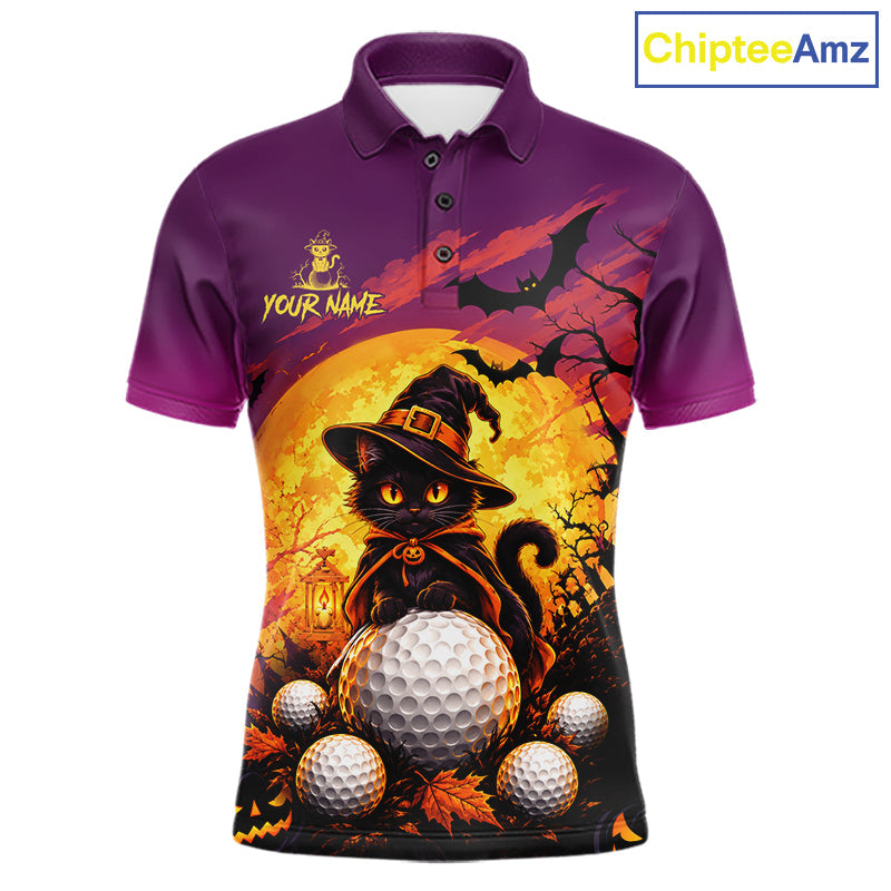 Halloween Black Cat Golf Polo Shirt Custom Team Name Spooky Halloween Golf Apparel